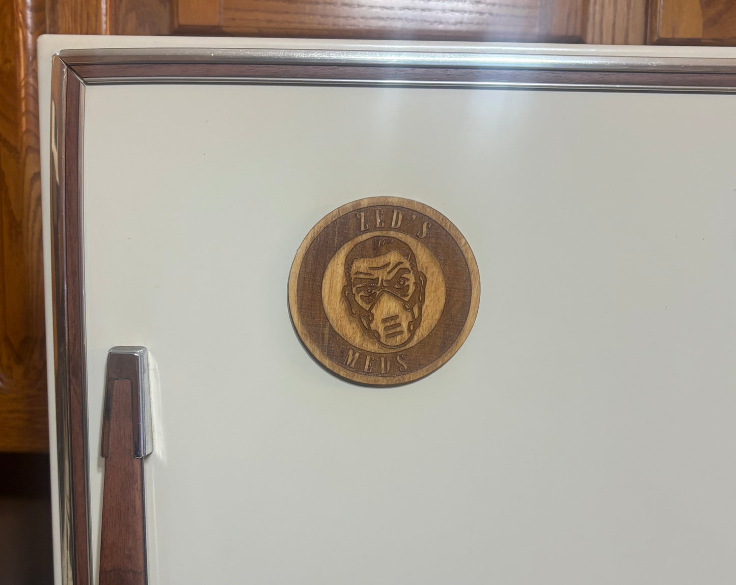 Stained basswood fridge magnet of Zed's Meds from the Borderlands video games