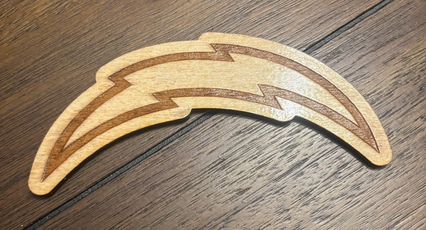 Stained basswood fridge magnet of the Los Angeles Chargers football team logo