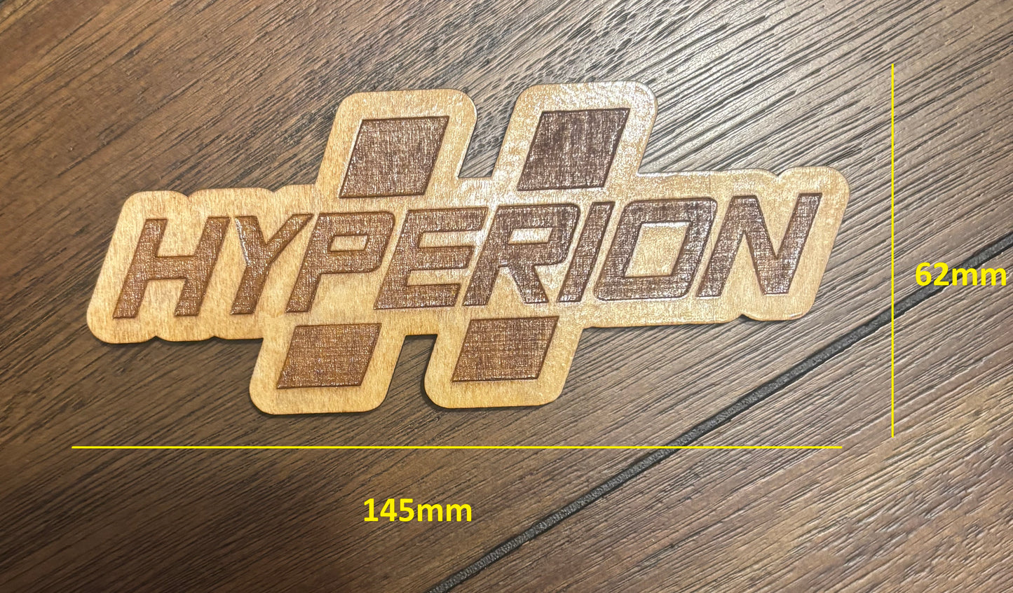 Stained basswood fridge magnet of the Hyperion logo from the Borderlands video games