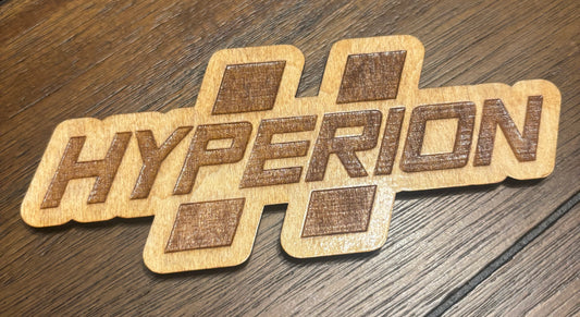 Stained basswood fridge magnet of the Hyperion logo from the Borderlands video games