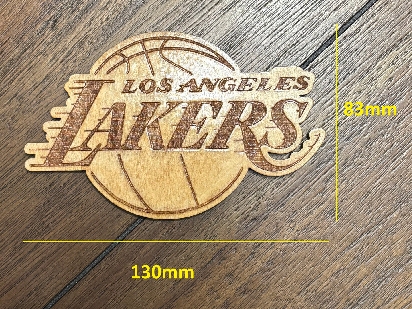 Stained basswood fridge magnet of the Los Angeles Lakers basketball team logo