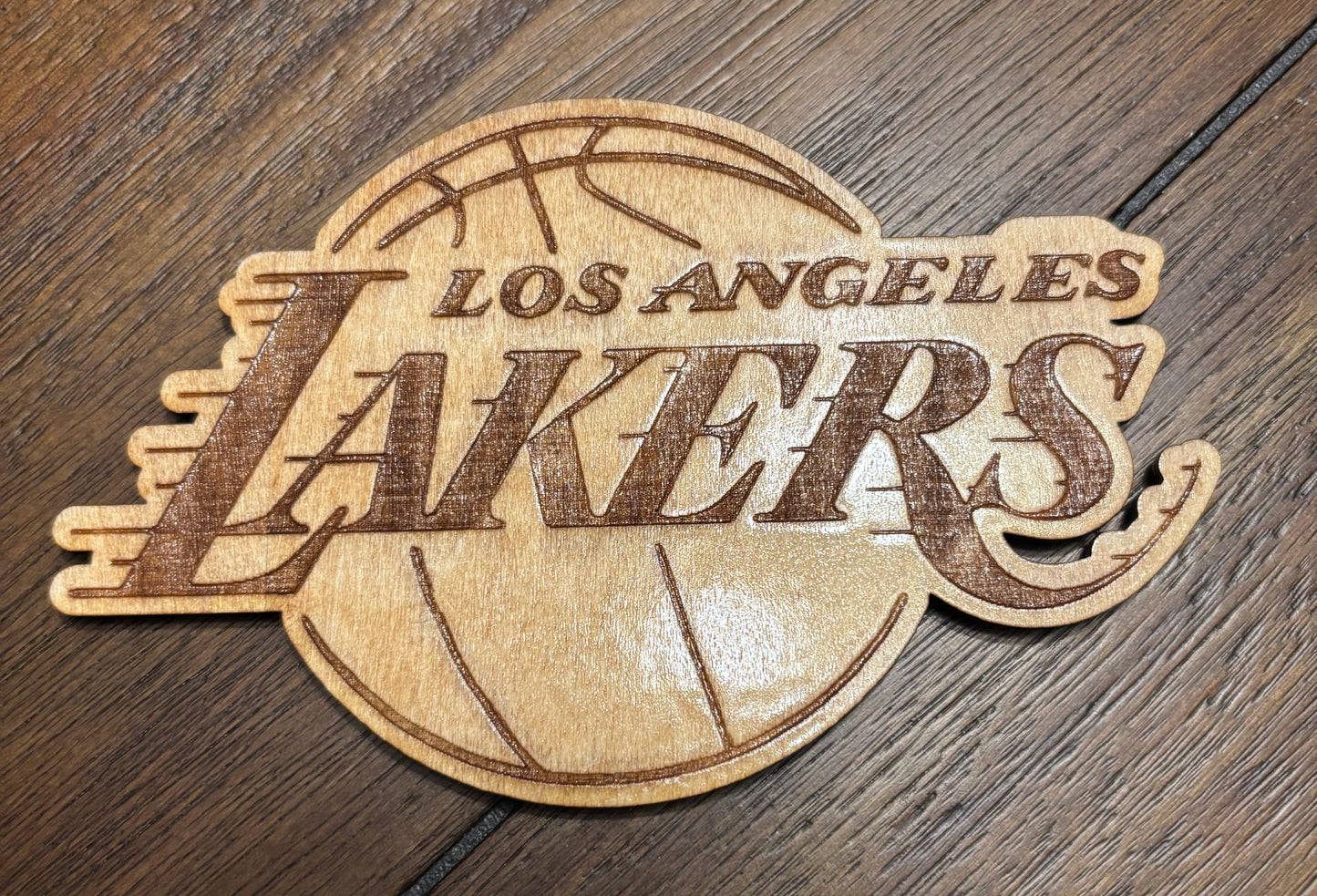 Stained basswood fridge magnet of the Los Angeles Lakers basketball team logo