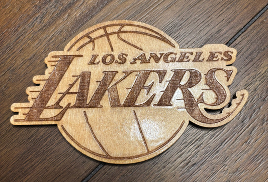 Stained basswood fridge magnet of the Los Angeles Lakers basketball team logo