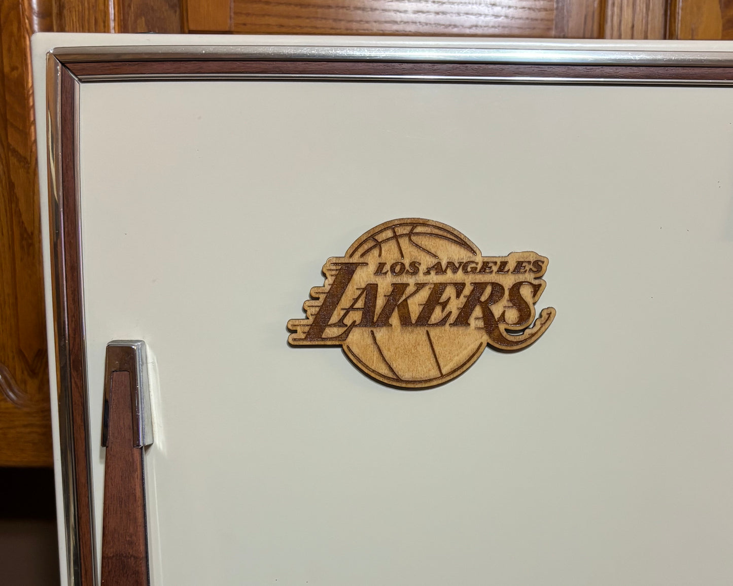 Stained basswood fridge magnet of the Los Angeles Lakers basketball team logo