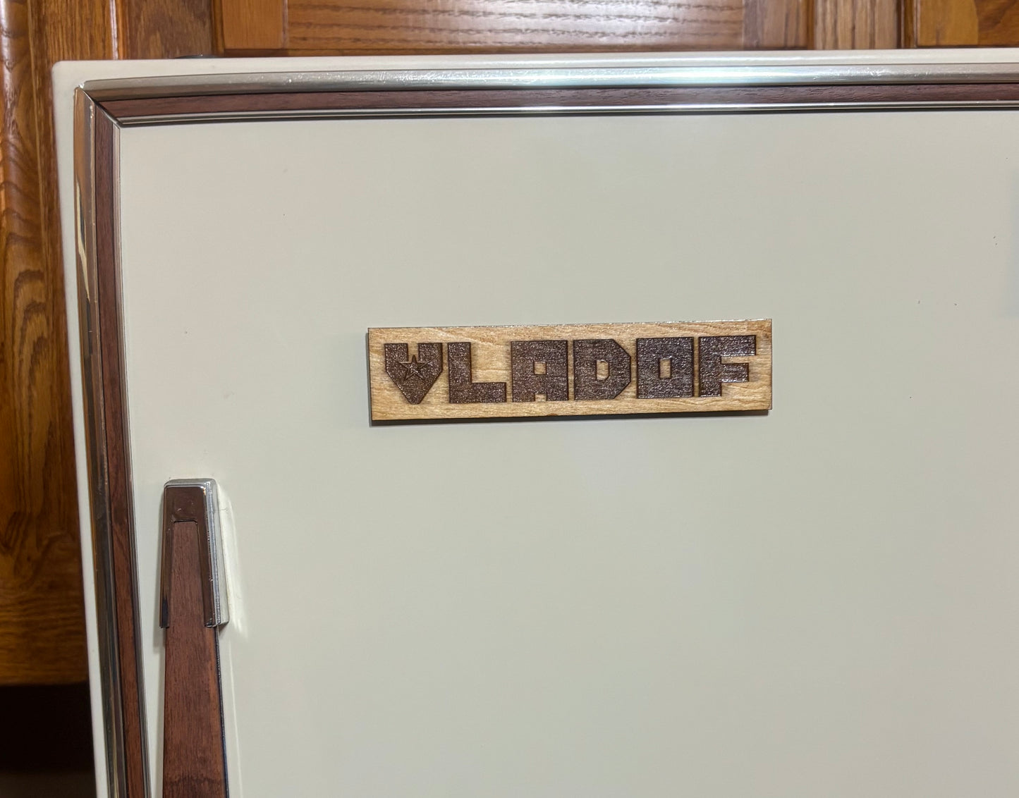 Stained basswood fridge magnet of the Vladof logo from the Borderlands video games