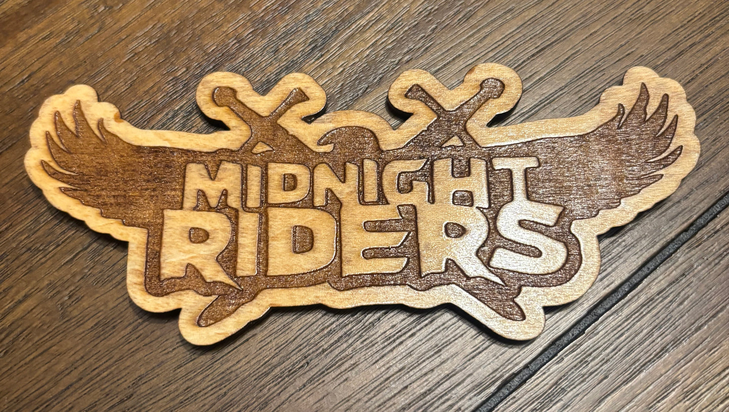 Stained basswood fridge magnet of Midnight Riders logo from the Left 4 Dead video games