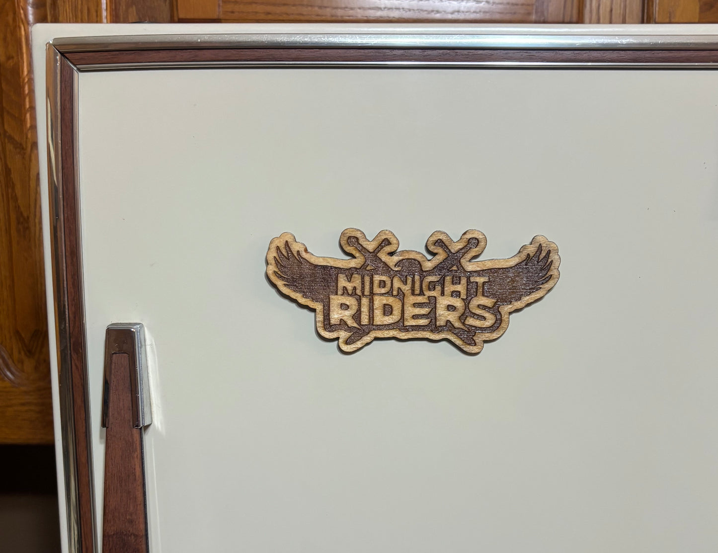 Stained basswood fridge magnet of Midnight Riders logo from the Left 4 Dead video games