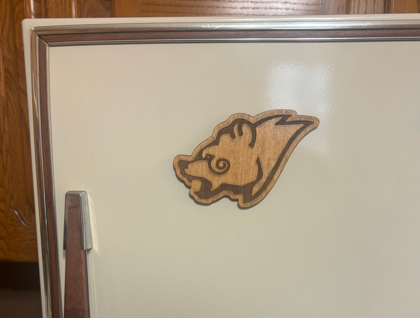 Stained basswood fridge magnet of the Windhelm sigil from the Skyrim video game
