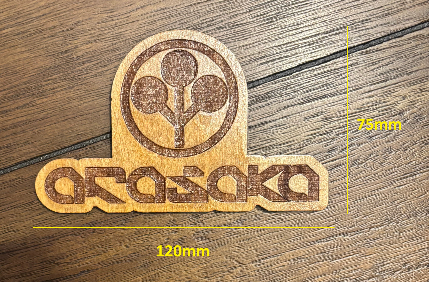 Stained basswood fridge magnet of the Arasaka logo from the Cyberpunk 2077 video game