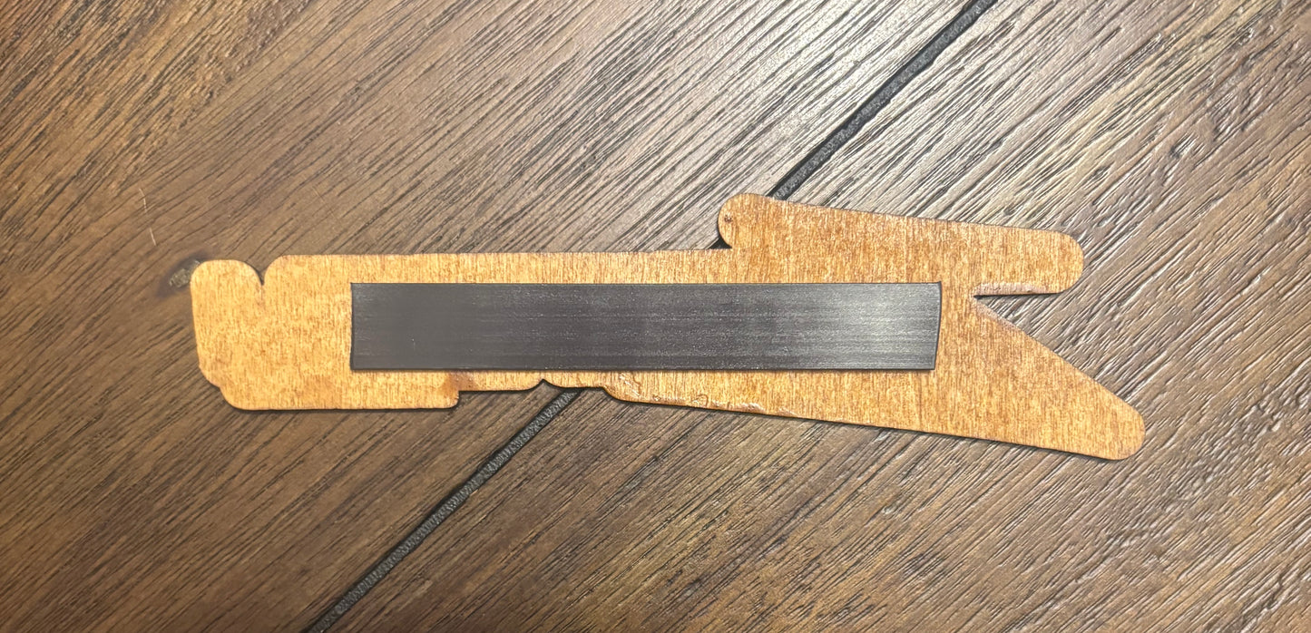 Stained basswood fridge magnet of the Zetatech logo from the Cyberpunk 2077 video game