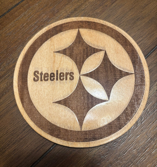 Stained basswood fridge magnet of the Pittsburgh Steelers football team logo