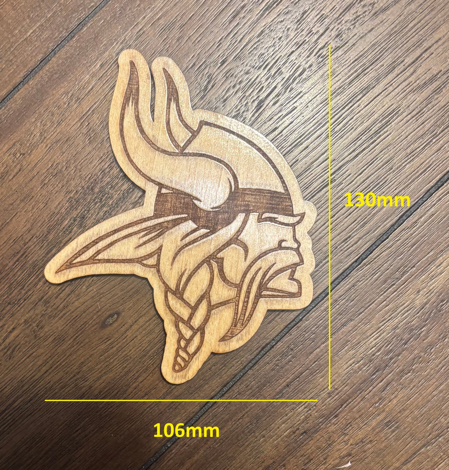 Stained basswood fridge magnet of the Minnesota Vikings football team logo