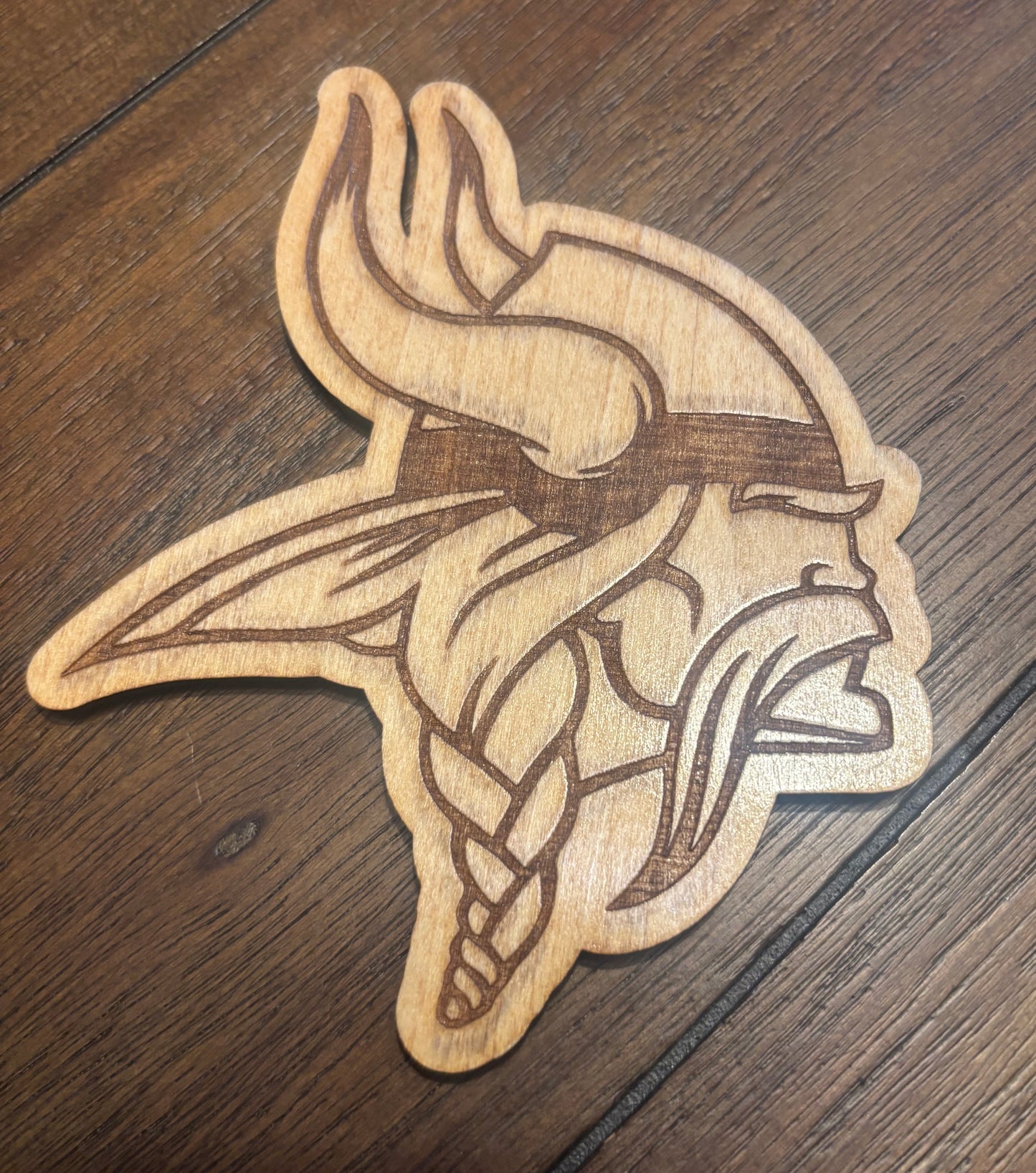Stained basswood fridge magnet of the Minnesota Vikings football team logo