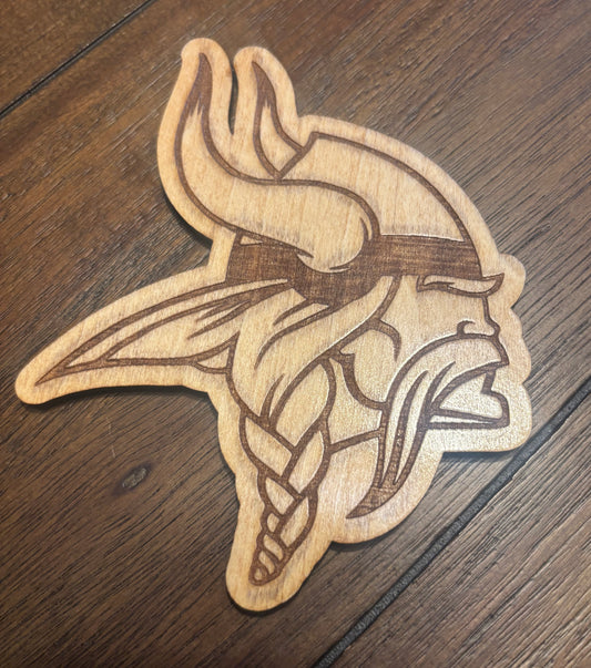 Stained basswood fridge magnet of the Minnesota Vikings football team logo