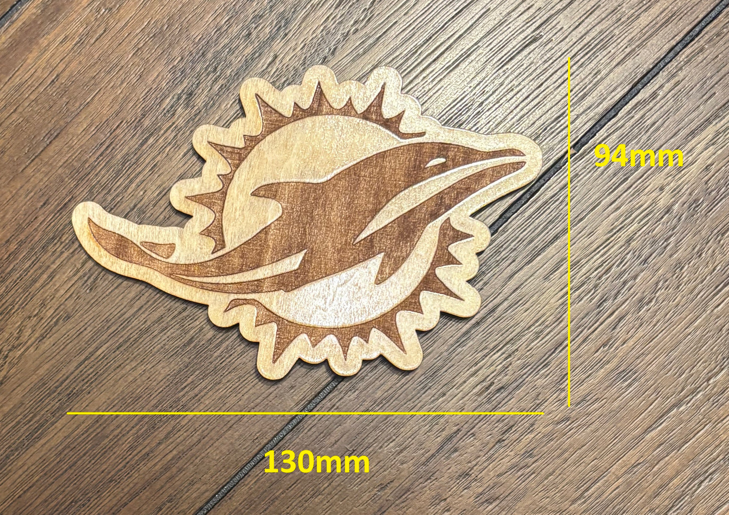 Stained basswood fridge magnet of the Miami Dolphins football team logo