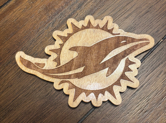 Stained basswood fridge magnet of the Miami Dolphins football team logo