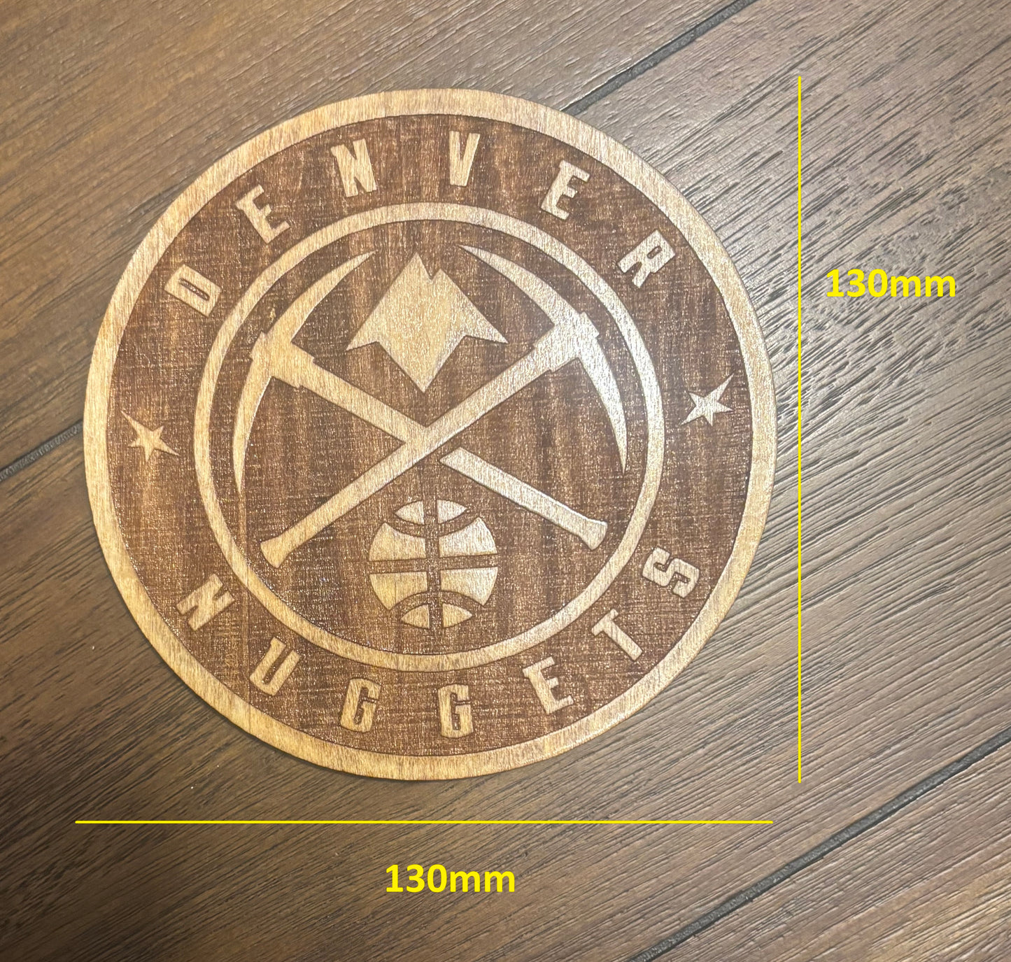 Stained basswood fridge magnet of the Denver Nuggets basketball team logo