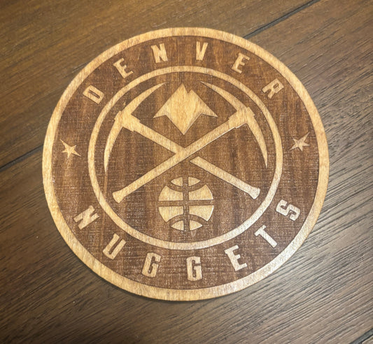 Stained basswood fridge magnet of the Denver Nuggets basketball team logo