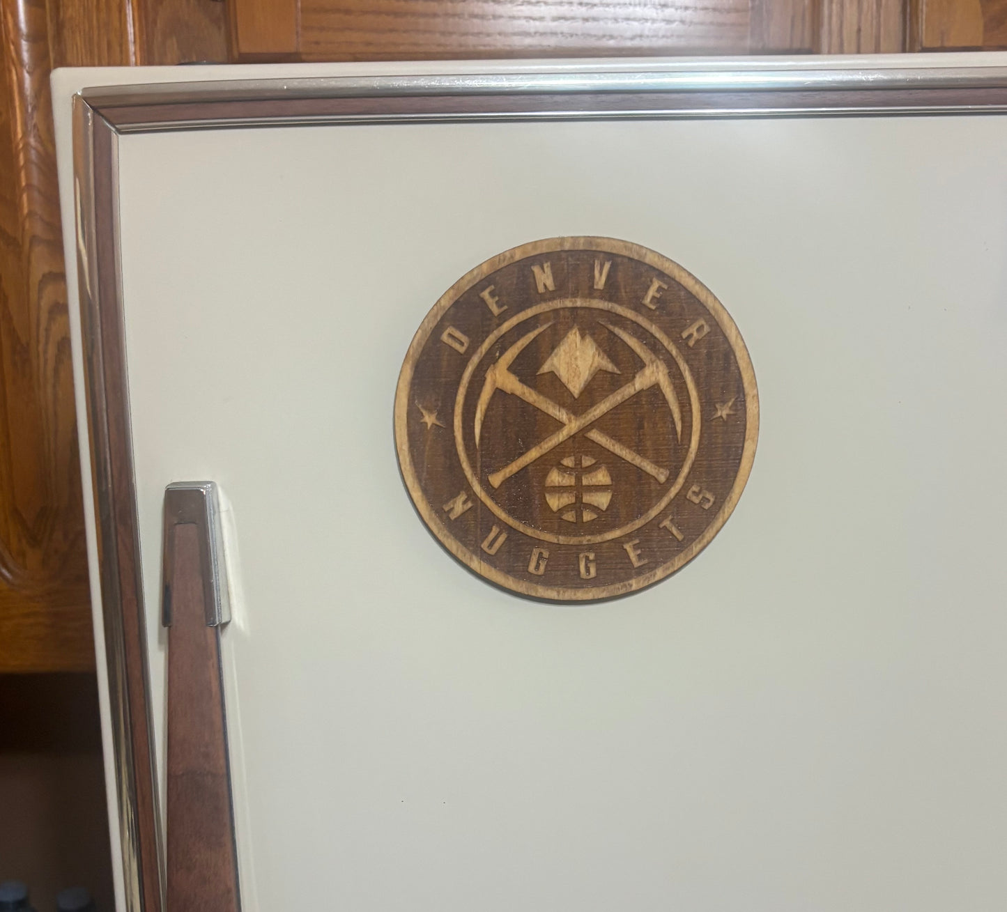 Stained basswood fridge magnet of the Denver Nuggets basketball team logo