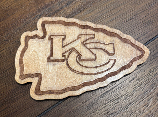 Stained basswood fridge magnet of the Kansas City Chiefs football team logo