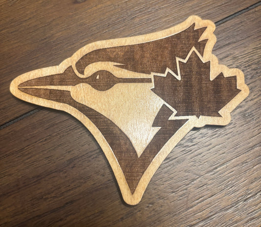Stained basswood fridge magnet of the Toronto Blue Jays baseball team logo