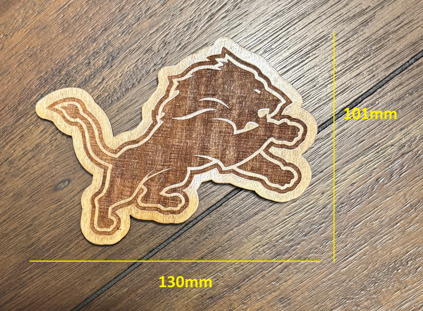 Stained basswood fridge magnet of the Detroit Lions football team logo