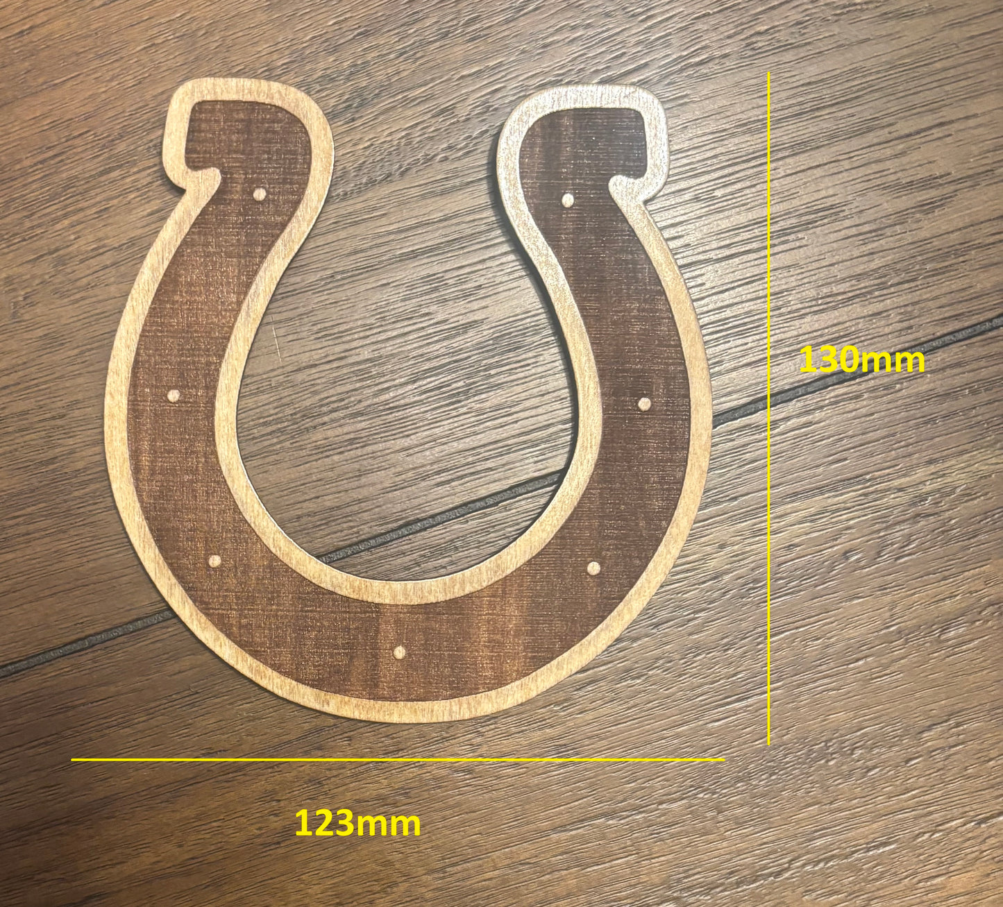Stained basswood fridge magnet of the Indianapolis Colts football team logo