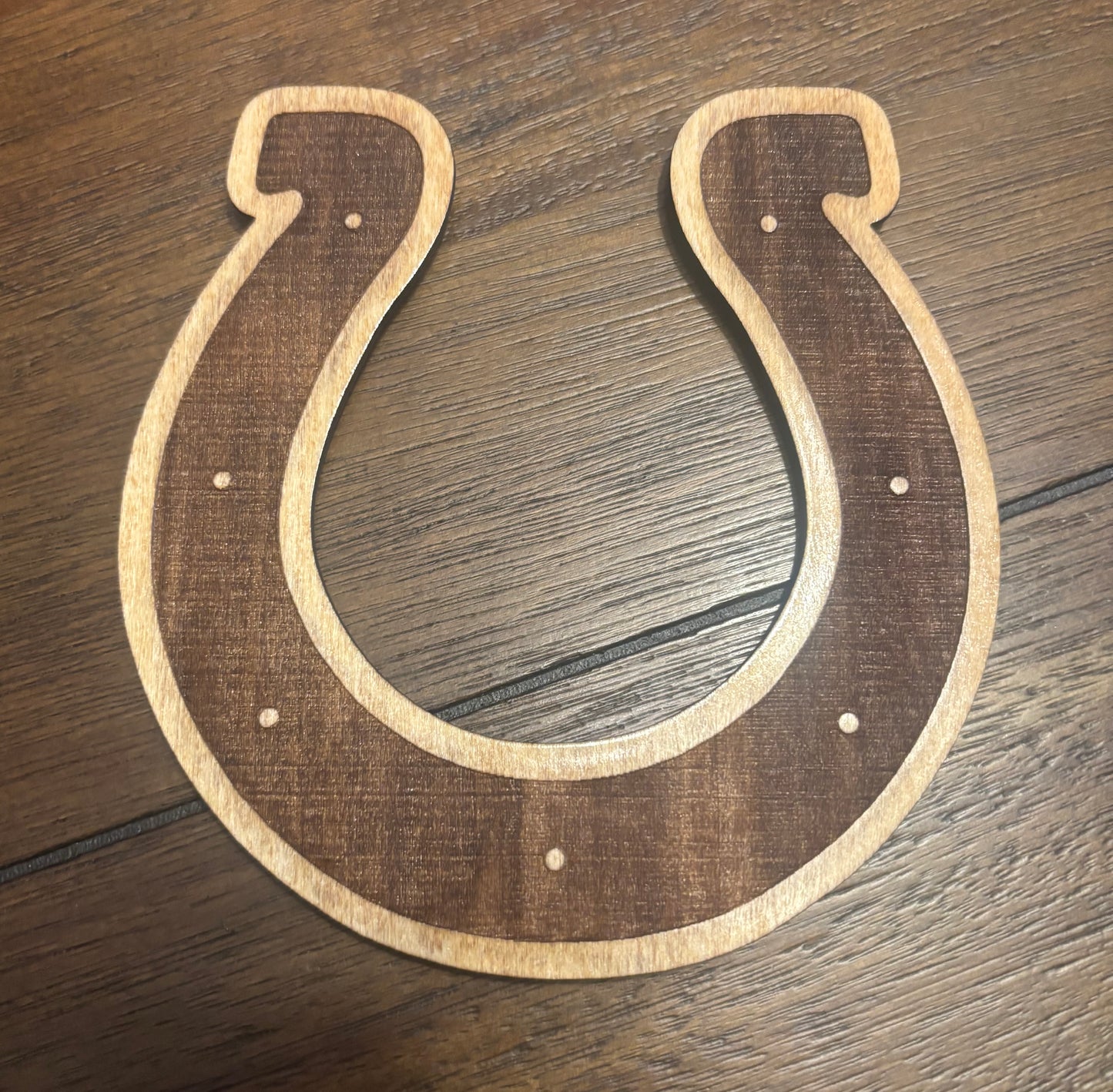 Stained basswood fridge magnet of the Indianapolis Colts football team logo