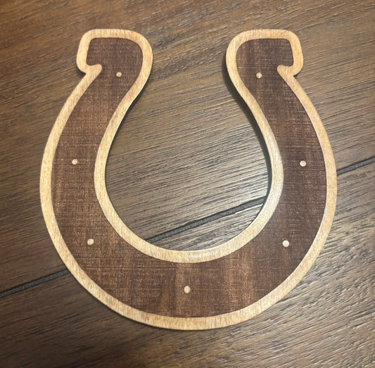 Stained basswood fridge magnet of the Indianapolis Colts football team logo
