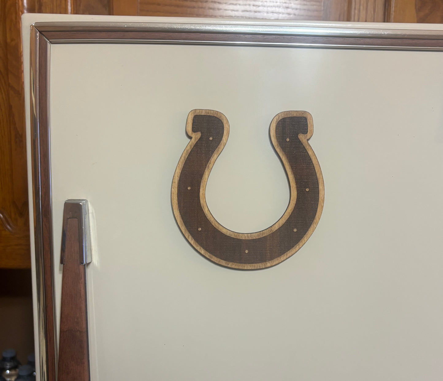 Stained basswood fridge magnet of the Indianapolis Colts football team logo