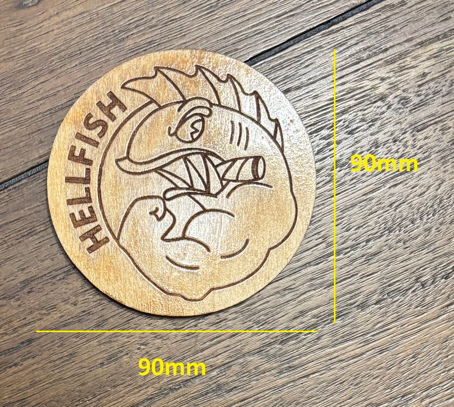 Stained basswood fridge magnet of the Flying Hellfish logo from the Simpsons