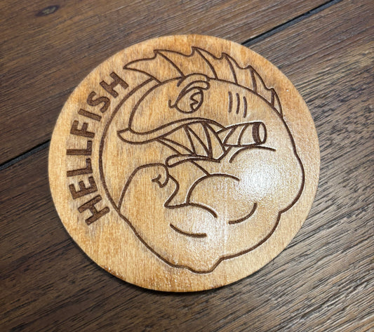 Stained basswood fridge magnet of the Flying Hellfish logo from the Simpsons