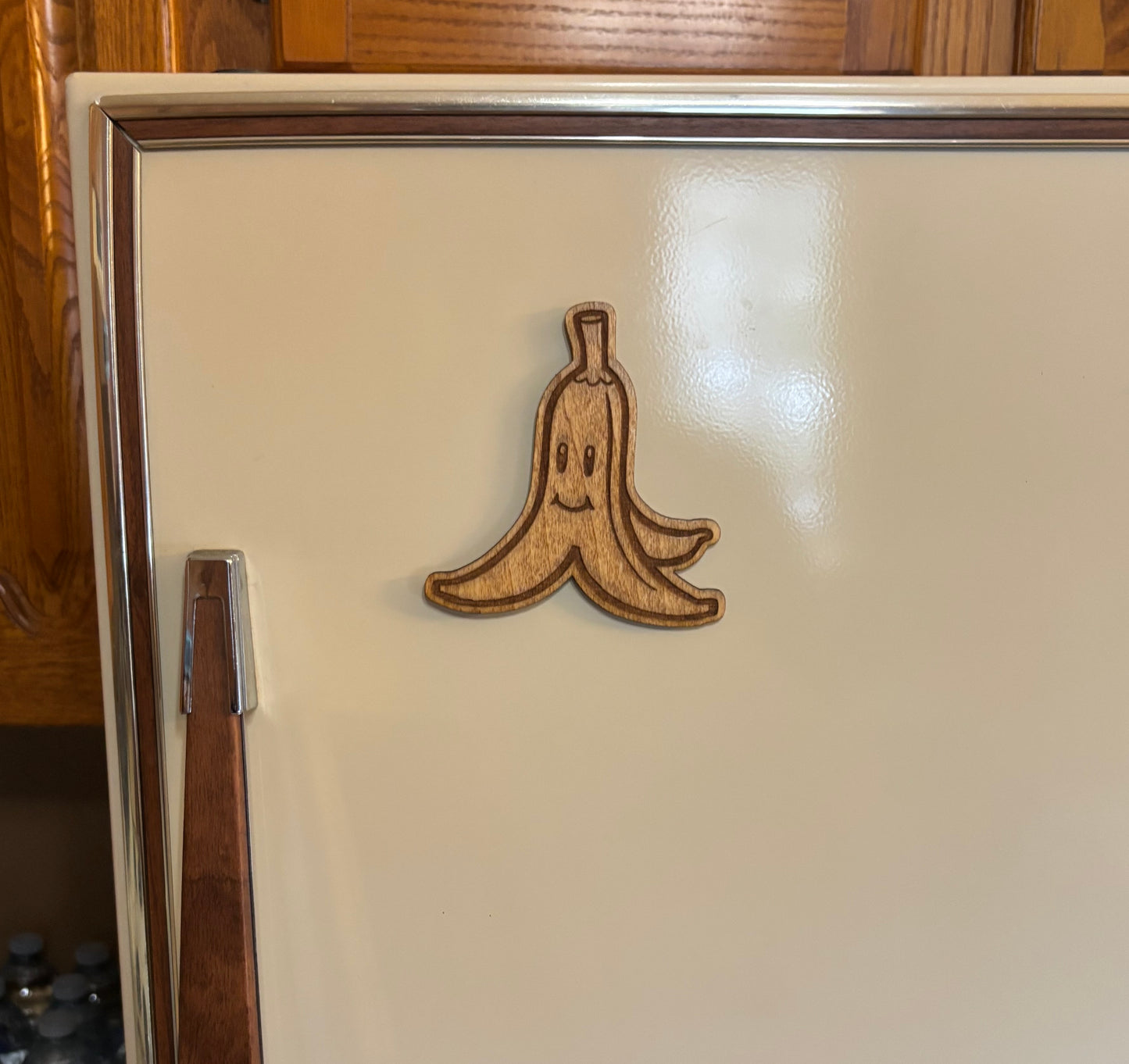Stained basswood fridge magnet of a Banana peel the Mario video games