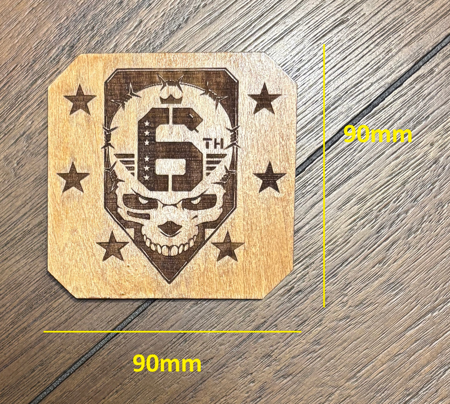 Stained basswood fridge magnet of the 6th Street gang logo from the Cyberpunk 2077 video game
