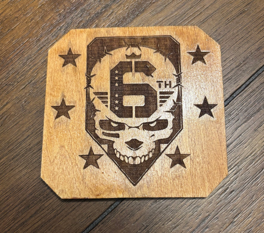 Stained basswood fridge magnet of the 6th Street gang logo from the Cyberpunk 2077 video game