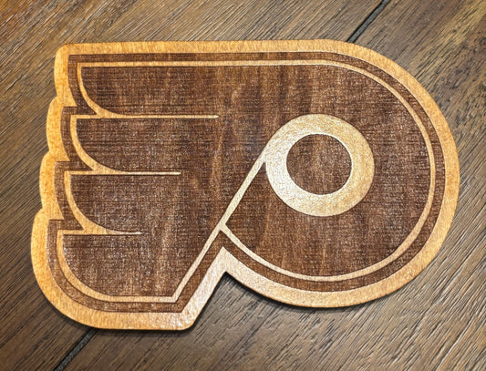 Stained basswood fridge magnet of the Philadelphia Flyers hockey team logo