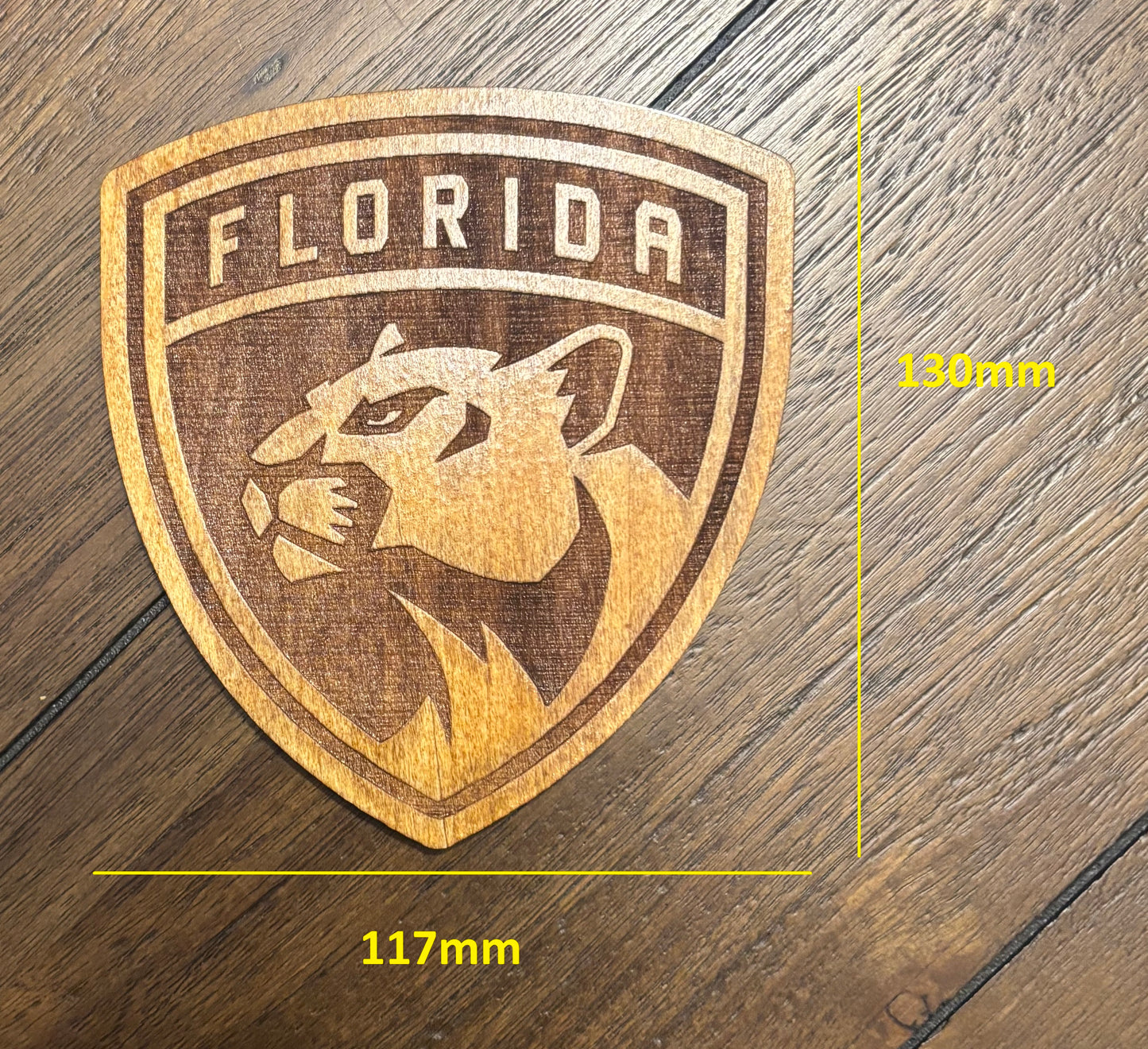 Stained basswood fridge magnet of the Florida Panthers hockey team logo