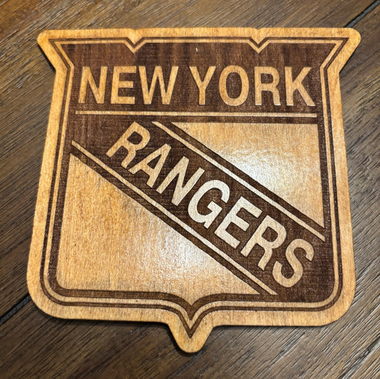 Stained basswood fridge magnet of the New York Rangers hockey team logo