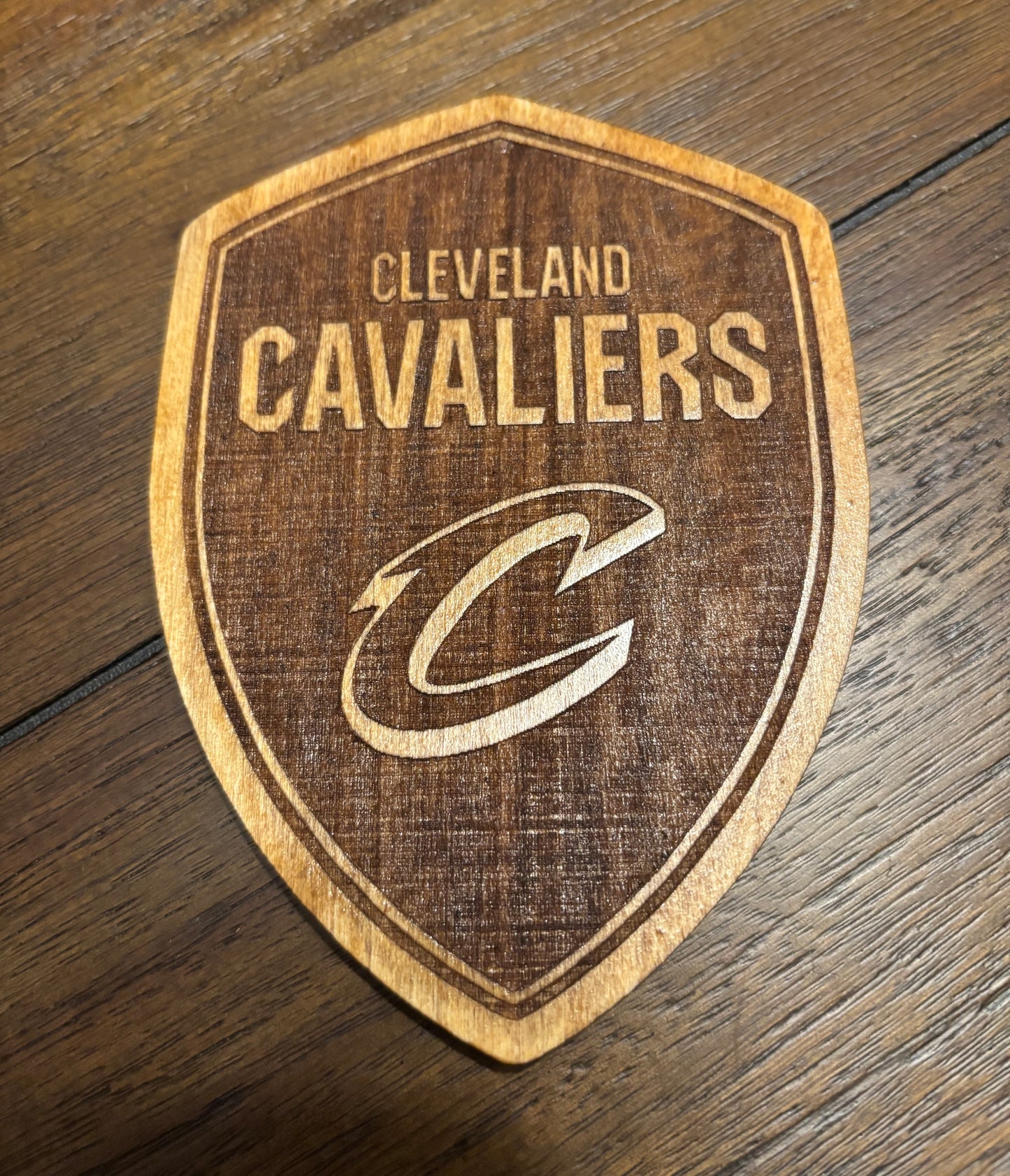 Stained basswood fridge magnet of the Cleveland Cavaliers basketball team logo