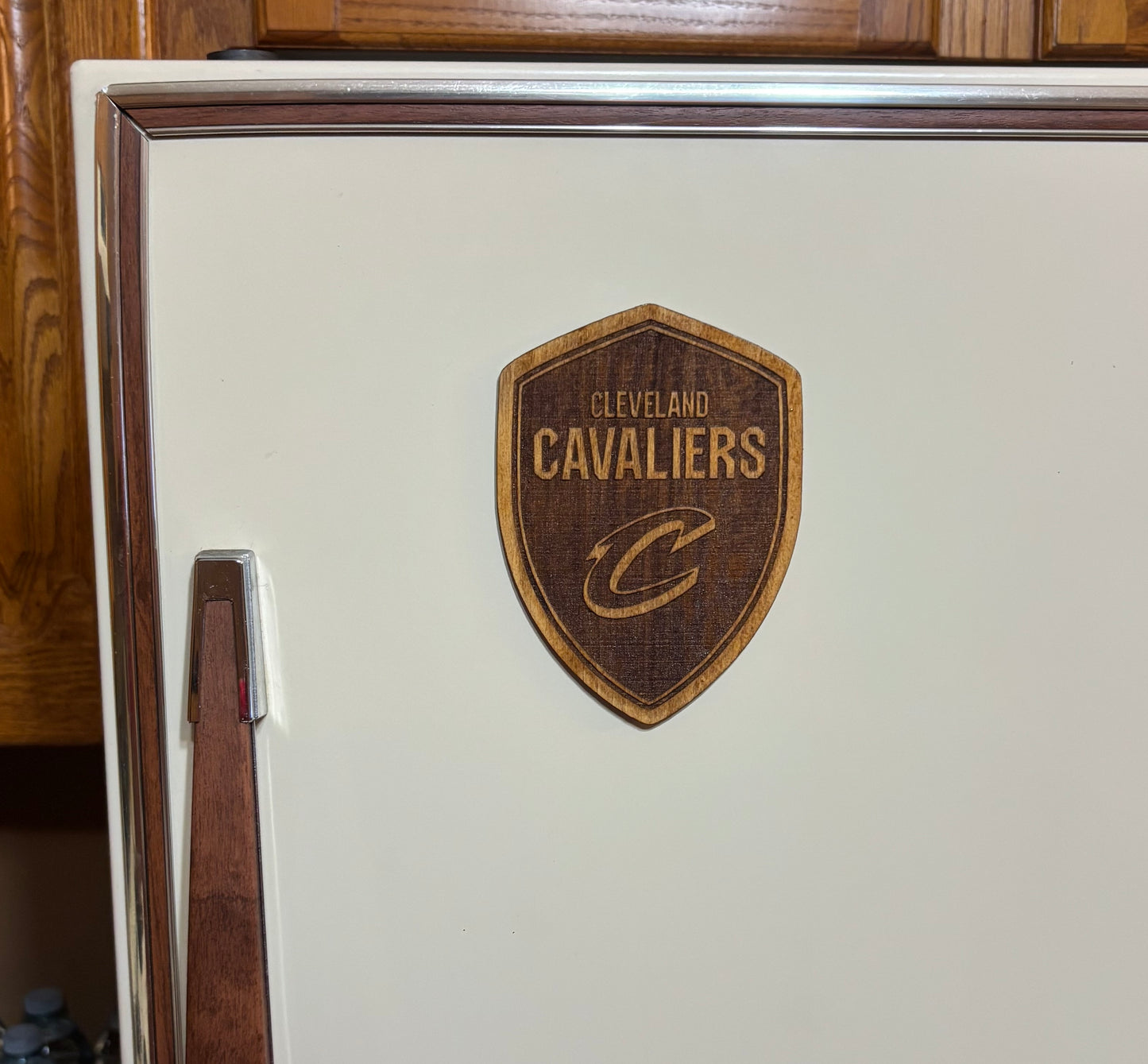 Stained basswood fridge magnet of the Cleveland Cavaliers basketball team logo