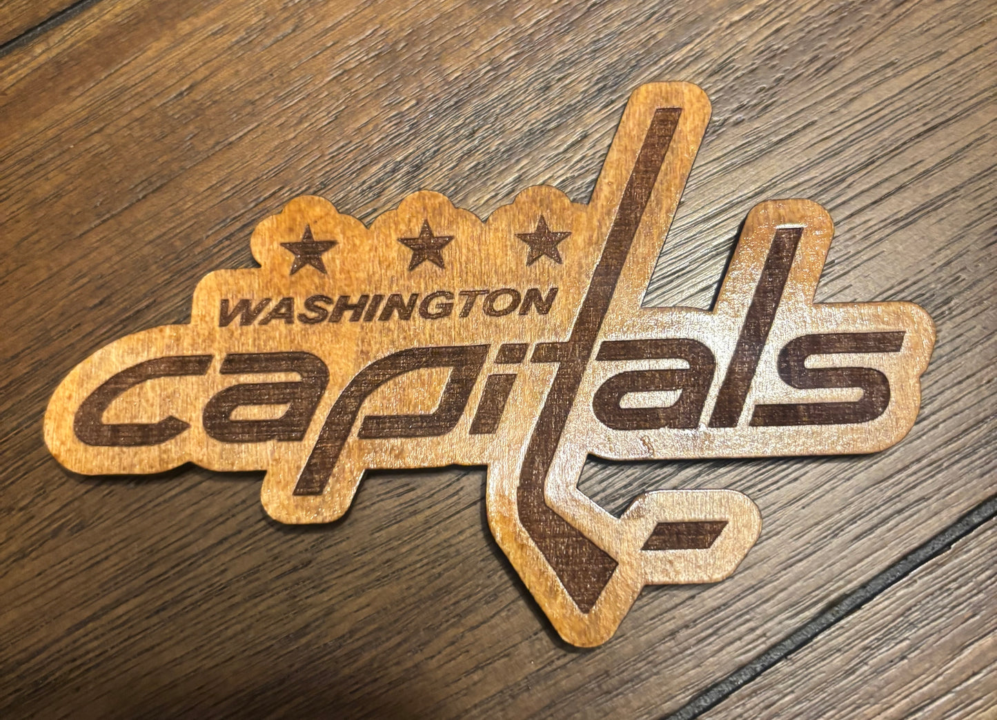 Stained basswood fridge magnet of the  Washington Capitals hockey team logo