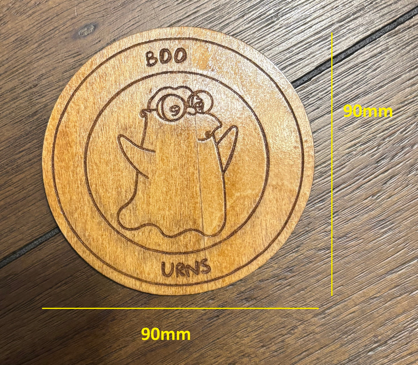 Stained basswood fridge magnet of Hans Moelman as a ghost saying boo-urns from the Simpsons