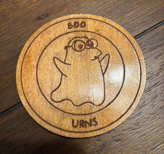 Stained basswood fridge magnet of Hans Moelman as a ghost saying boo-urns from the Simpsons