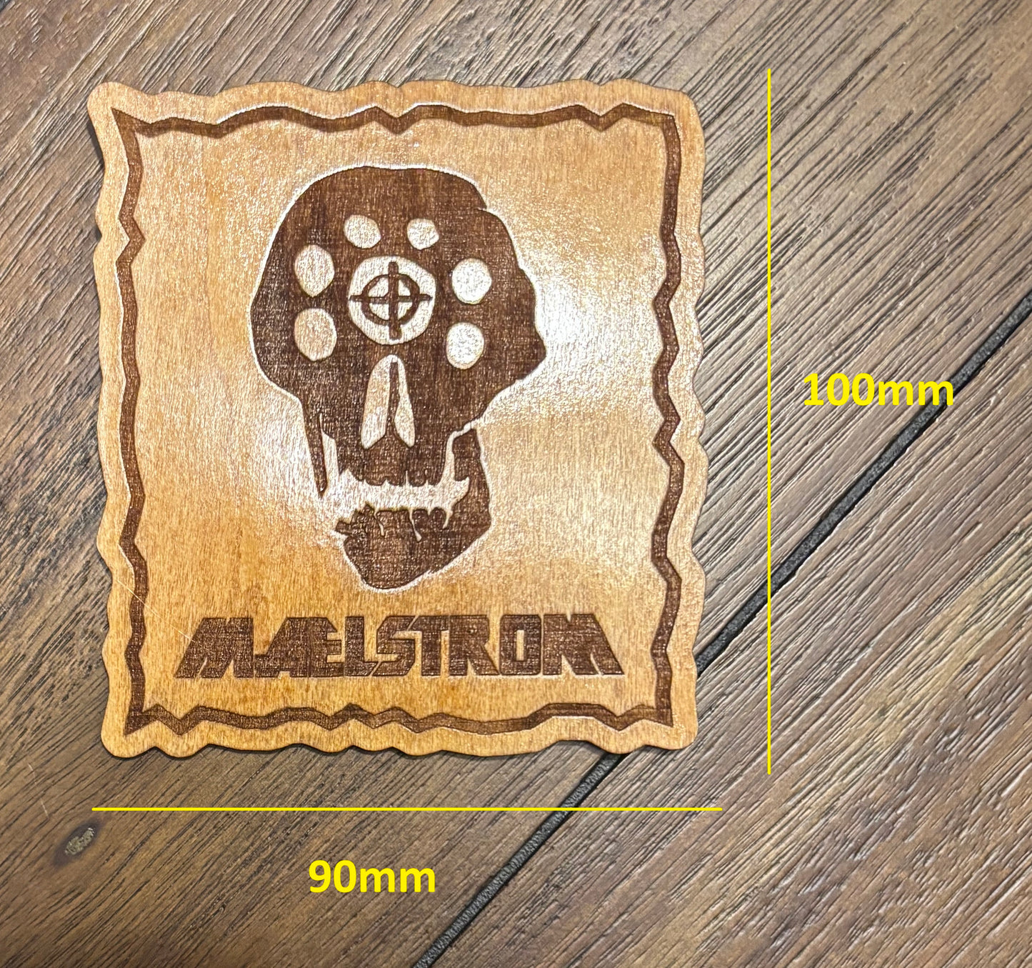 Stained basswood fridge magnet of the Maelstrom logo from the Cyberpunk 2077 video game