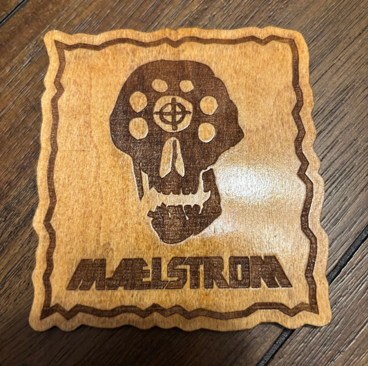 Stained basswood fridge magnet of the Maelstrom logo from the Cyberpunk 2077 video game