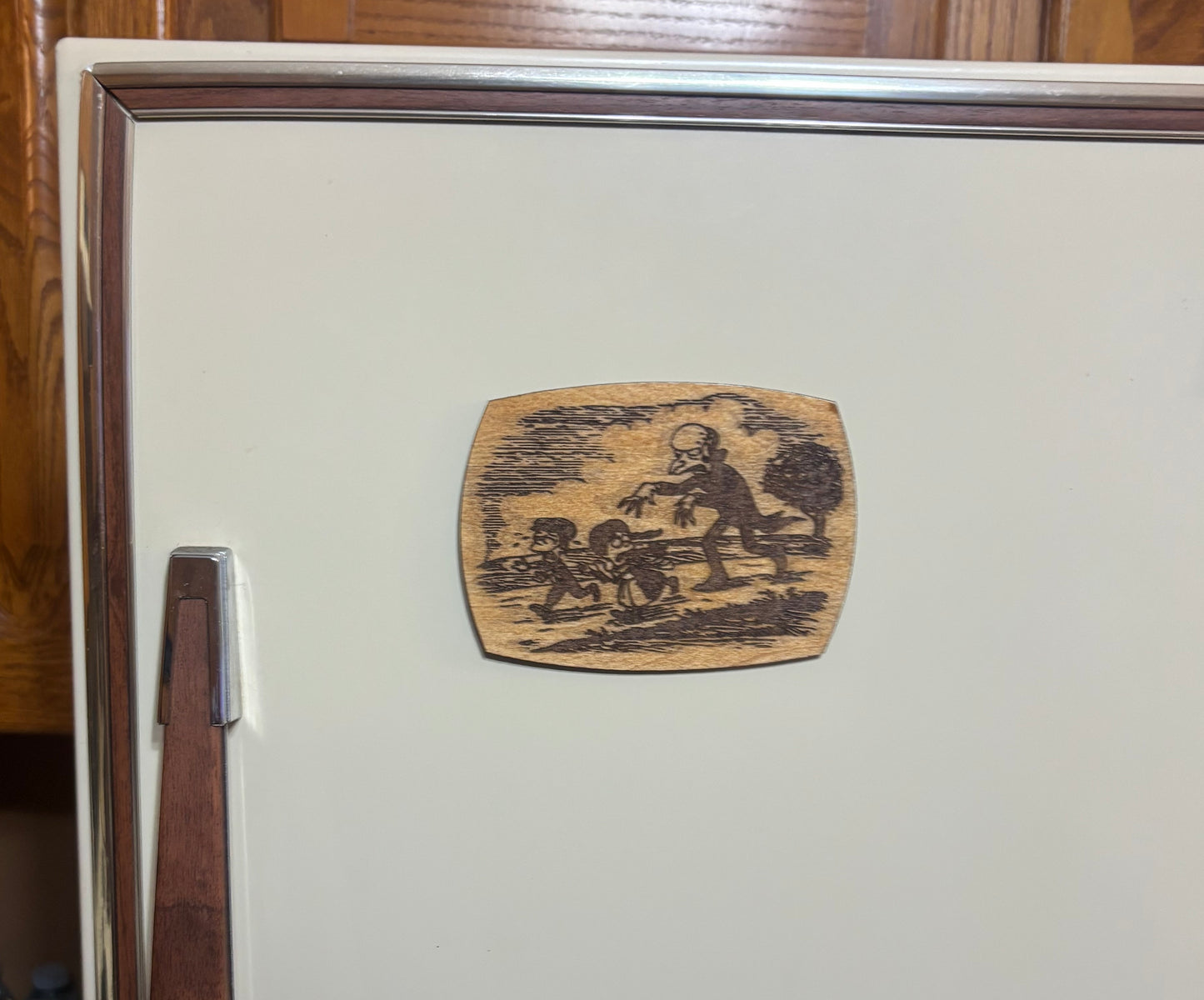 Stained basswood fridge magnet of Mr Burns as a vampire from the Simpsons