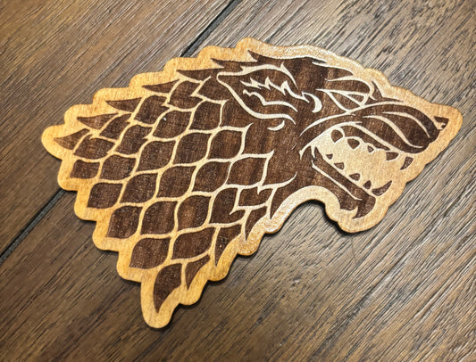 Stained basswood fridge magnet of the House Stark sigil from Game of Thrones