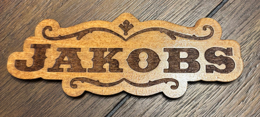 Stained basswood fridge magnet of the Jakobs logo from the Borderlands video games