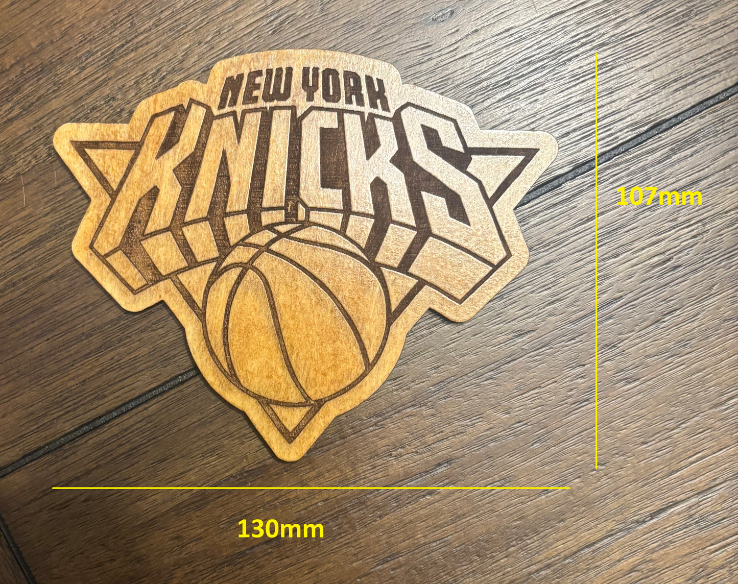 Stained basswood fridge magnet of the New York Knicks basketball team logo