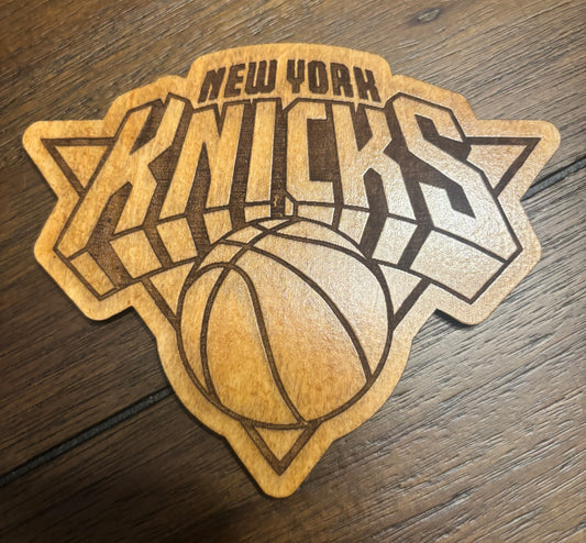 Stained basswood fridge magnet of the New York Knicks basketball team logo